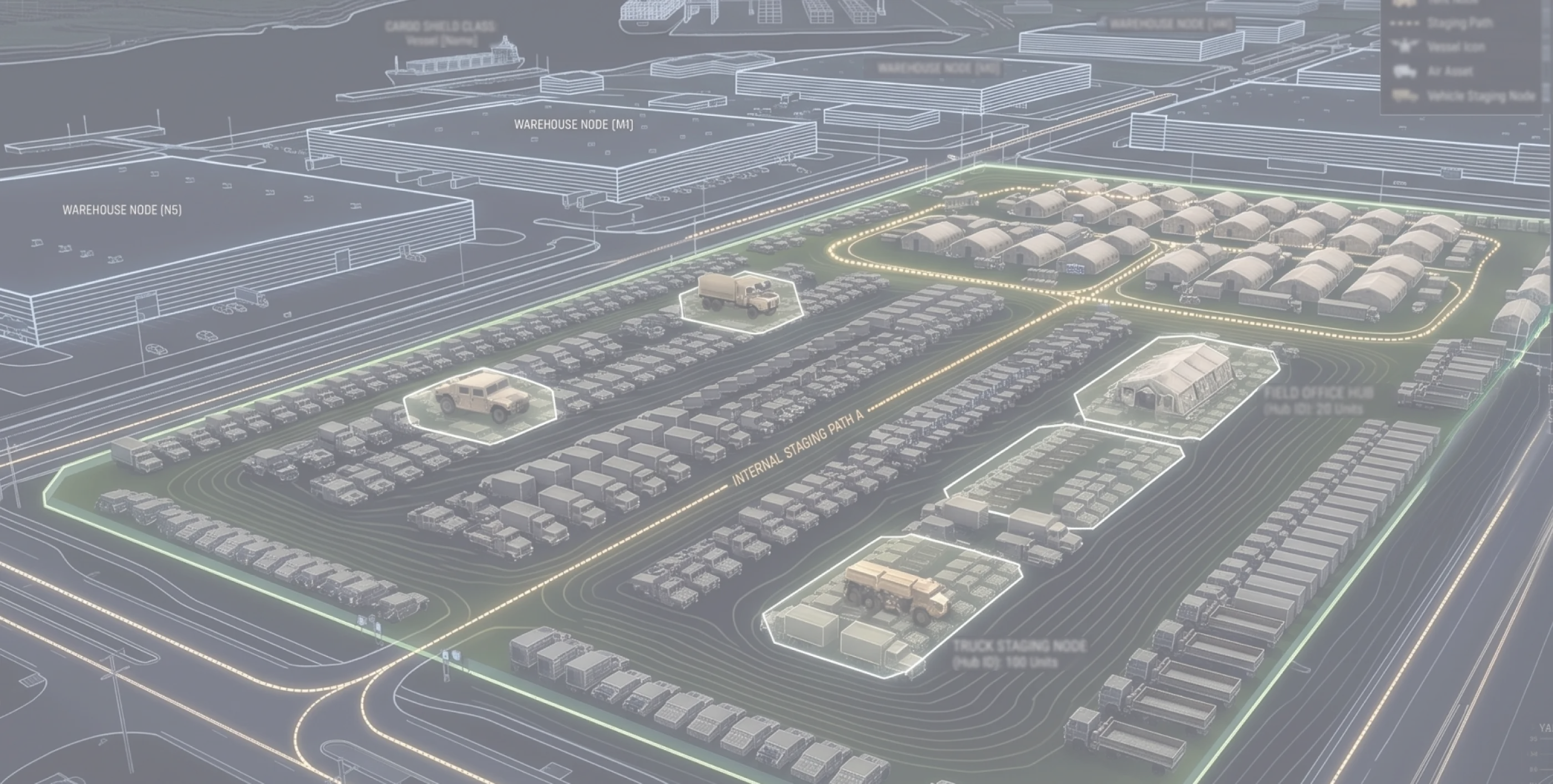 Technical blueprint visualization of a logistics facility with staging paths and warehouse nodes